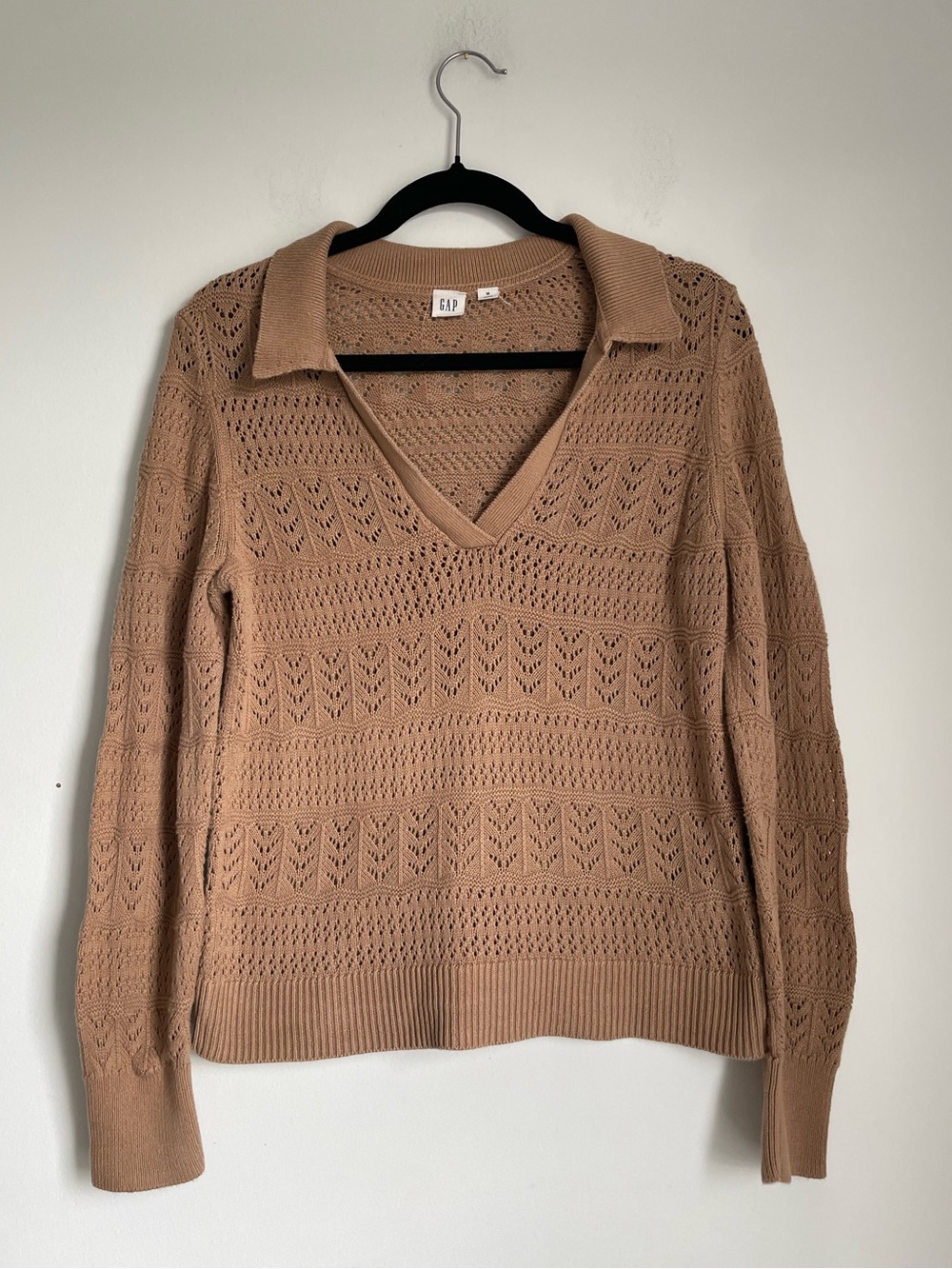 GAP Tan/Camel Crocheted Collared Sweater Size M 100% Cotton Preppy Fall Neutral